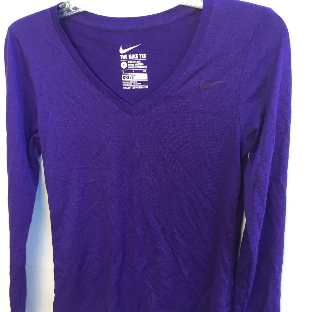 The Nike Tee S Dri-fit purple long sleeve v-neck